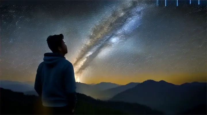 Moment of gratitude of the protagonist as he observes the starry sky at night, with a zoom-out effect to show the vastness of the universe.
