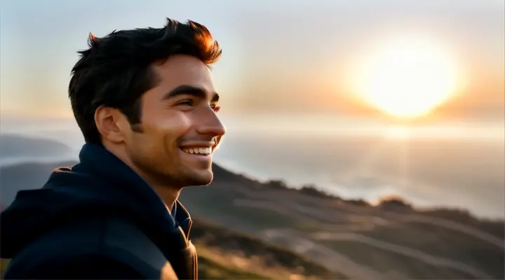 Finale with the protagonist smiling serenely as he gazes towards the horizon, with a fading effect symbolizing the attainment of inner happiness.