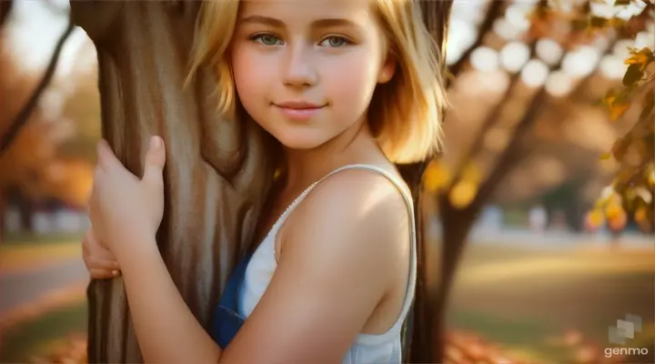 A teenage girl with short blonde hair hugs a tree, 16:9