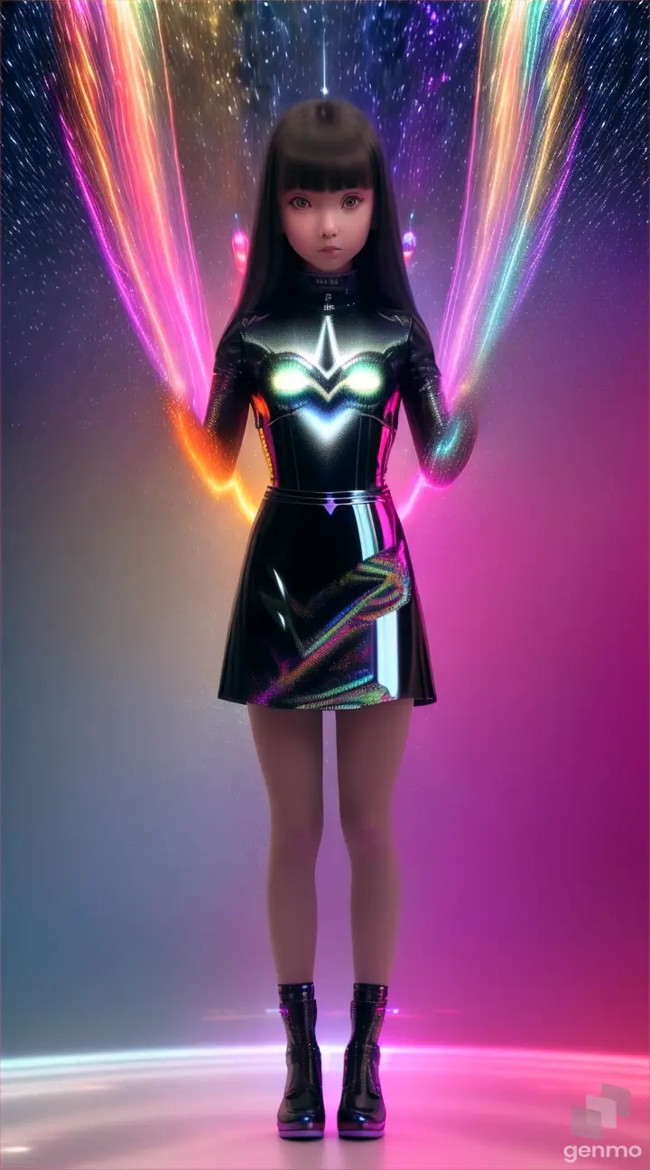 A hyper-realistic image of a techno girl, her form a dazzling mix of chrome and swirling nebula patterns, dancing in the zero gravity of outer space. Fire licks at the edges of her metallic skirt, swirling with cosmic dust that catches the flashing beams of multicolored lasers. Smoke trails behind her in vibrant hues, adding to the dynamic scene. The camera pans slightly to capture the full energy of her dance, blurring the background of distant galaxies and nebulae.