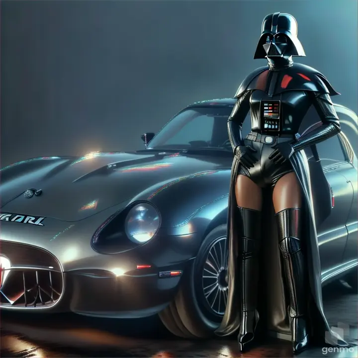 a woman dressed as darth vader standing next to a car