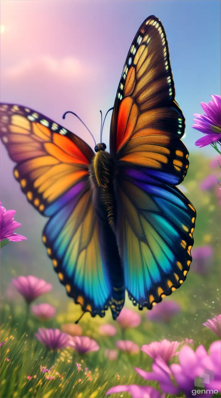 hyper-realistic image of a butterfly made from a net of thin pip of colored liquids, flying over the grass and flowers which behave like real ocean waves. Fantasy climate, high details, concept art 4K, futuristic atmosphere.