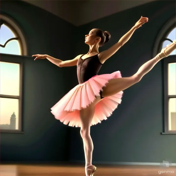 a young ballerina in a pink tutu and black leotarda ballerina dressed as Carmen dances on stage and does a jump.  general plan