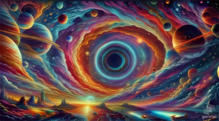 a painting of a space station surrounded by planets, look and check the image well and interpret faithfully when you have memorized when viewing this image, I would like slow and sinuous moments of many elements that you see with a quality of no less than 100%