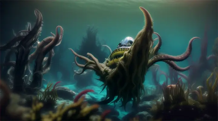  LITTLE DEMONIC SCARY Alien plants with faces and arms in a UNDER WATER setting, with menacing teeth, SPREADING OUT TENTACLES 