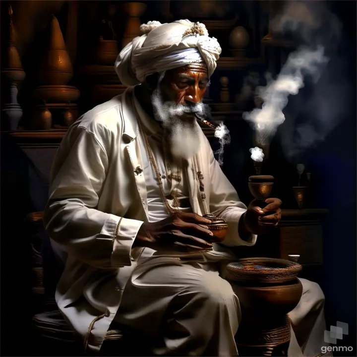 a man with a white turban is smoking a pipe