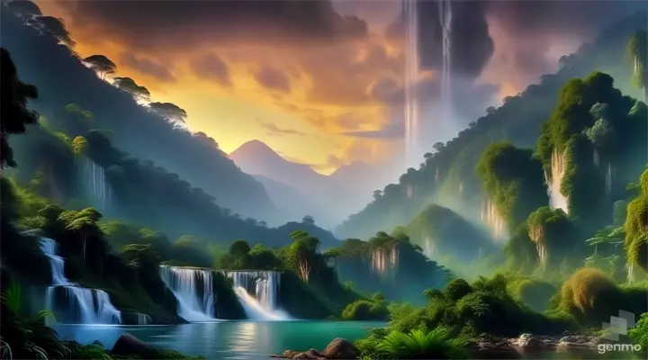 a painting of a waterfall in the middle of a jungle