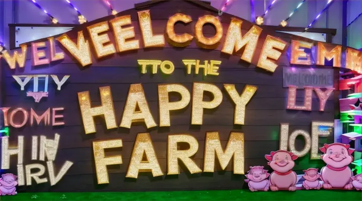 Display of a colorful sign that says "Welcome to the Happy Farm."Effect: The sign flashes with bright and colorful lights, cartoon style, Disney style 