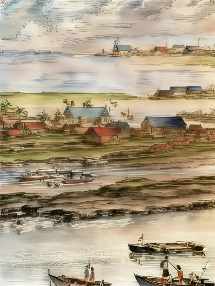 A watercolor painting of boats and boating equipment by a tranquil river, with their reflection visible on the water surface