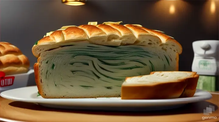 A loaf of bread that is completely made out of green 100 dollar bills on a platter, on a spinning table. The Crust is made of green 100 dollar bills. The center of the bread is made of green 100 dollar bills. Put A red alarm on the wall behind the bread made of made, that is a flashing above the bread. 