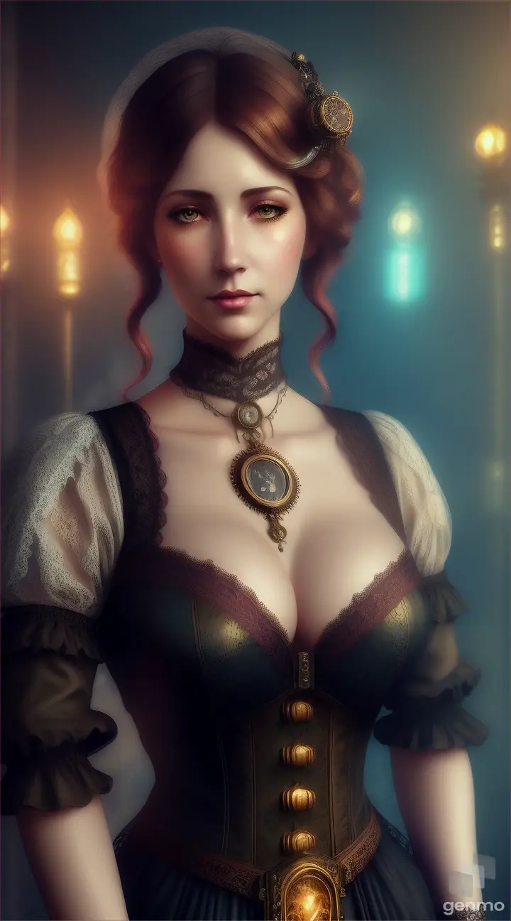 steampunk woman wearing short lace dress with huge bosom , fantasy climat, graphic like from computer gane