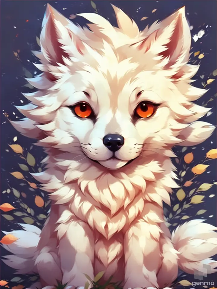 a white dog with orange eyes sitting down