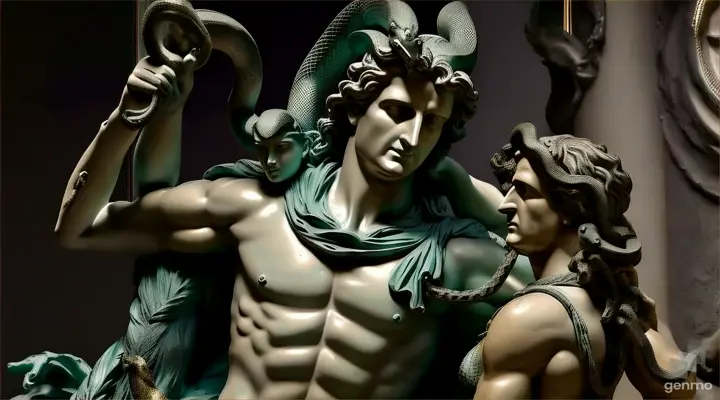 a statue of a man with a snake on his shoulder
