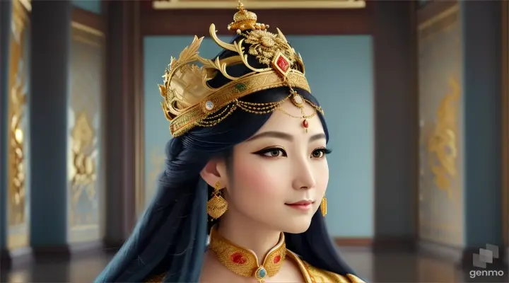 The image shows a character with a blurred face. Surrounded by the environment of the Chinese Dynasty Hall, the character is a beautiful female emperor, smiling happily. The head of the person in the picture was covered. There is a crown-like ornament on the head that looks luxuriously decorated. It had a luxuriously decorated appearance, with long flowing hair, large blue eyes, a slight smile, and wearing exquisite gold jewelry. horizontal image