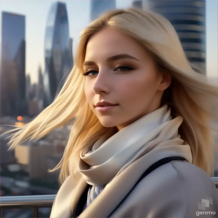 lively natural European girl opens/closes her eyes, her blonde hair fluttering in the wind and a silky scarf, a high-tech cityscape with skyscrapers is visible on the horizon