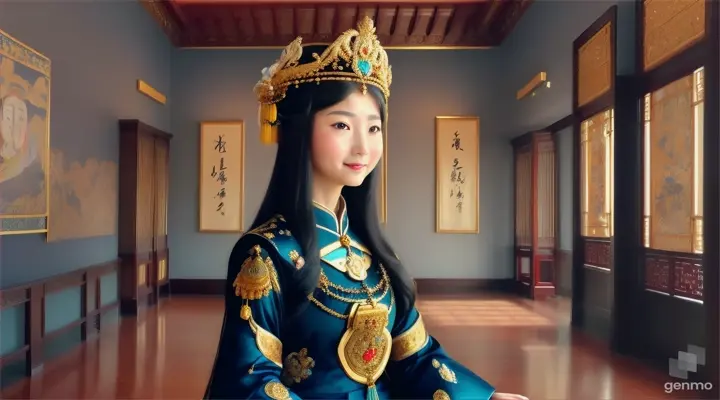 The image shows a character with a blurred face. Surrounded by the environment of the Chinese Dynasty Hall, the character is a beautiful female emperor, smiling happily. The head of the person in the picture was covered. There is a crown-like ornament on the head that looks luxuriously decorated. It had a luxuriously decorated appearance, with long flowing hair, large blue eyes, a slight smile, and wearing exquisite gold jewelry. horizontal image