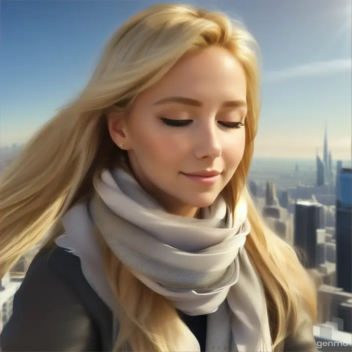 lively natural European girl opens/closes her eyes, her blonde hair fluttering in the wind and a silky scarf, a high-tech cityscape with skyscrapers is visible on the horizon