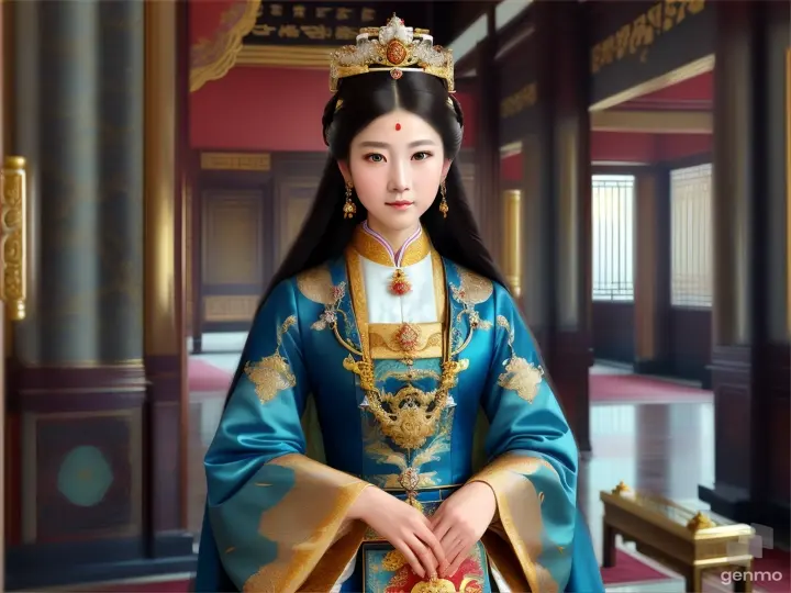 The image shows a character with a blurred face. Surrounded by the environment of the Chinese Dynasty Hall, the character is a beautiful female emperor, smiling happily. The head of the person in the picture was covered. There is a crown-like ornament on the head that looks luxuriously decorated. It had a luxuriously decorated appearance, with long flowing hair, large blue eyes, a slight smile, and wearing exquisite gold jewelry. horizontal image