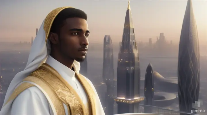 dark-skinned Black Muslim young Man mystic warrior wearing a white Islamic robe with gold embroidery and a hairless clean-shaven face, standing in a futuristic mystical city, majestic, futuristic, using mystic powers, landscape-video size