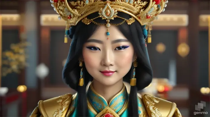 The image shows a character with a blurred face. Surrounded by the environment of the Chinese Dynasty Hall, the character is a beautiful female emperor, smiling happily. The head of the person in the picture was covered. There is a crown-like ornament on the head that looks luxuriously decorated. It had a luxuriously decorated appearance, with long flowing hair, large blue eyes, a slight smile, and wearing exquisite gold jewelry. horizontal image