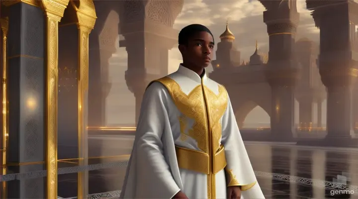 dark-skinned Black Muslim young teen boy mystic warrior wearing a white Islamic robe with gold embroidery and negative hair clean-shaven face, standing in a futuristic mystical city, majestic, futuristic, using mystic powers, landscape-video size