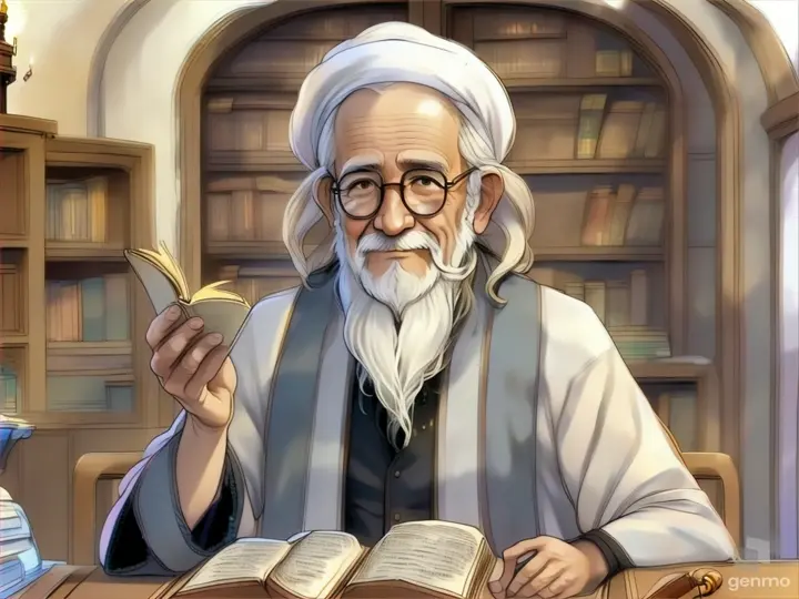 a cartoon of a man sitting at a table with an open book