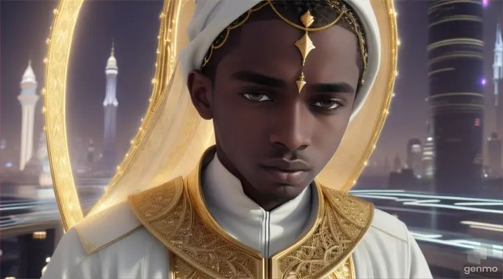 dark-skinned Black Muslim young teen boy mystic prince wearing a white Islamic robe with gold embroidery and negative hair clean-shaven face, standing in a futuristic mystical city, majestic, futuristic, using mystic powers, landscape-video size