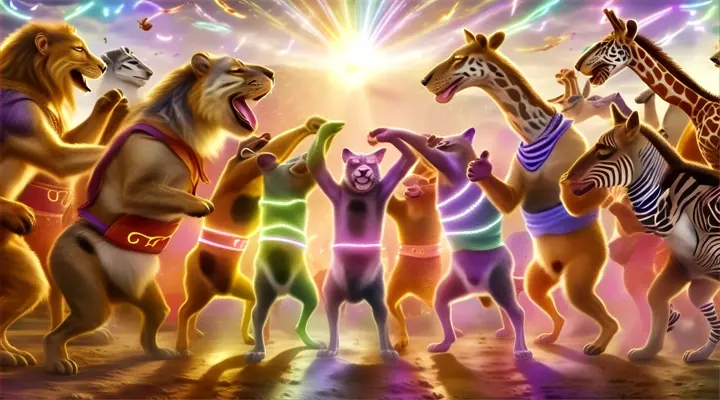 The animals come out of their pens and start dancing.Effect: A bright light envelops them as they move to the rhythm of the music, cartoon style and Disney style 