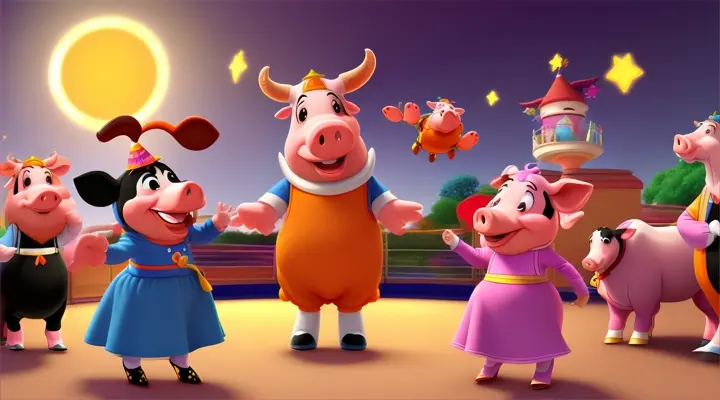 Cows and pigs join the party, dancing together with joy.Effect: The cows jump up and down while the pigs spin around, cartoon style and Disney style 