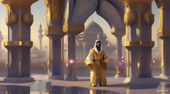 dark-skinned Black Muslim young teen boy mystic prince wearing a white Islamic robe with gold embroidery and negative hair clean-shaven face, standing in a futuristic mystical city, majestic, futuristic, using mystic powers, landscape-video size - neg headdress, facial hair, headscarf