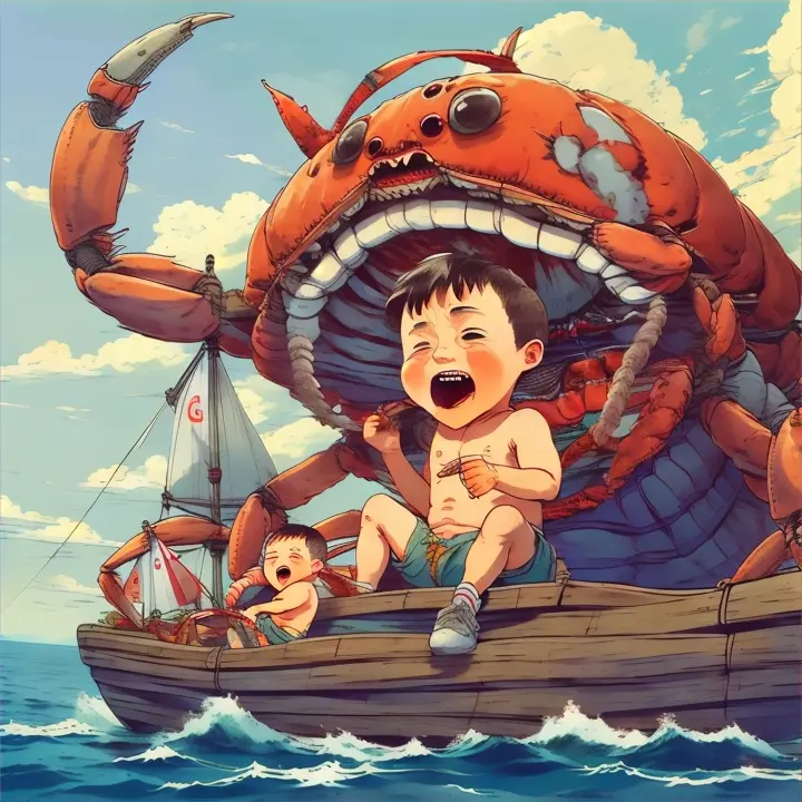 a boy is sitting in a boat with a giant crab