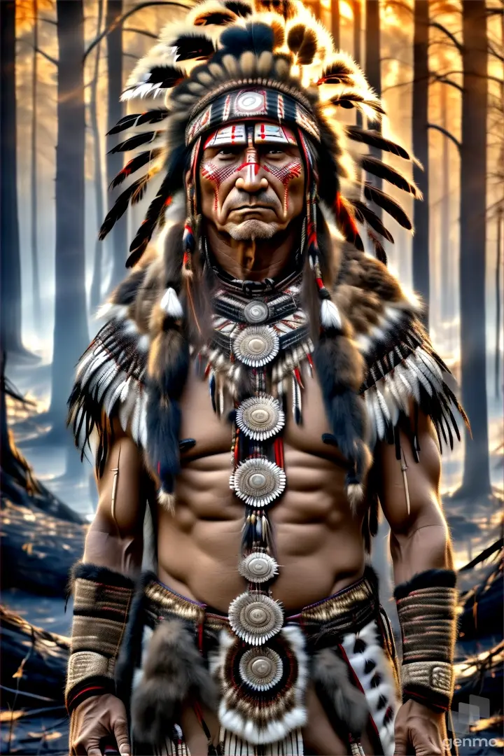 a native american indian standing in a forest