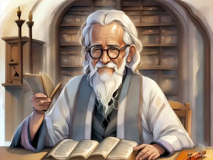 a cartoon of a man sitting at a table with an open book