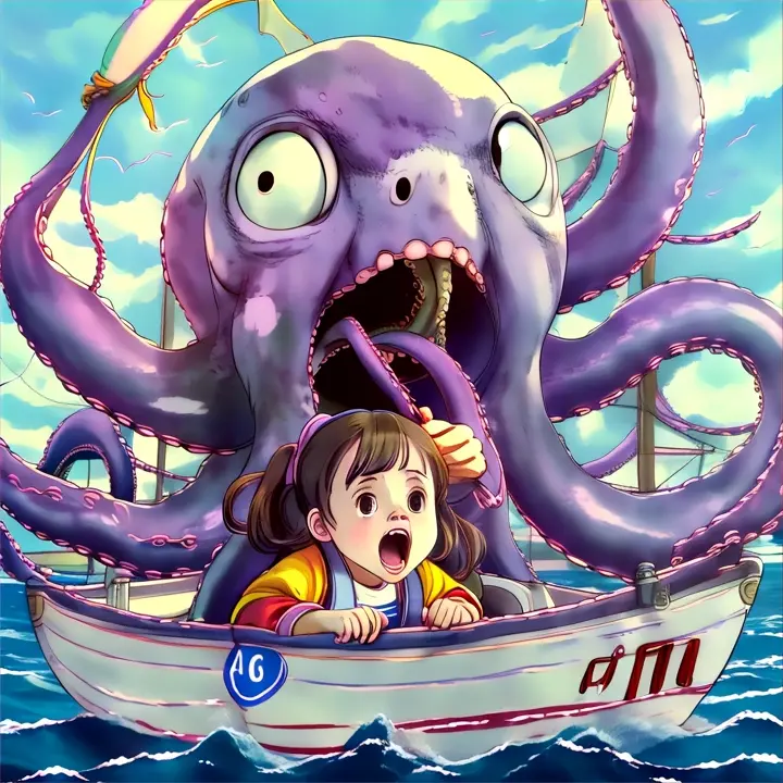 a girl and an octopus in a boat