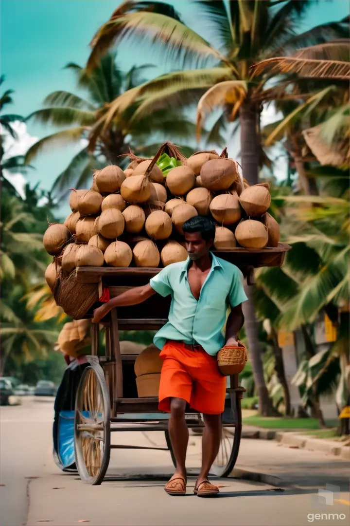 a man pushing a cart full of coconuts down a street