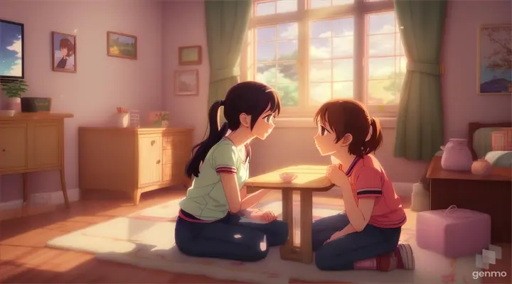 Mother and yound son sitting together and talking in a room, anime video