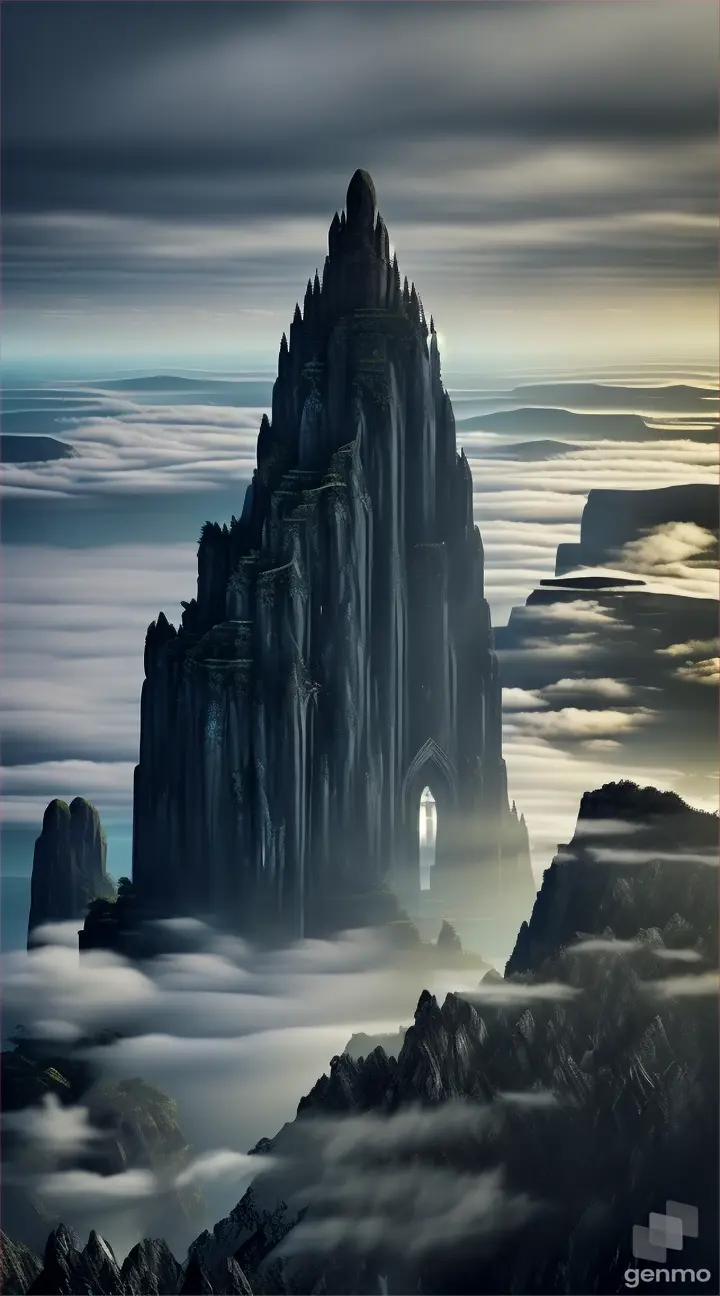 cloudy day, surrounded by mountains, aoyama mist, there is an ancient black temple on the edge of the cliff, an ancient temple