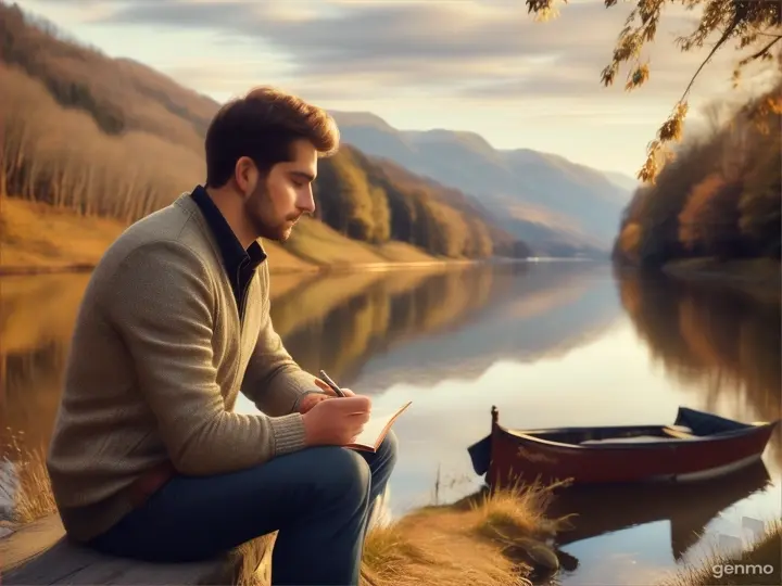 28 year old boy sitting on Bank of river writing on his fingers 