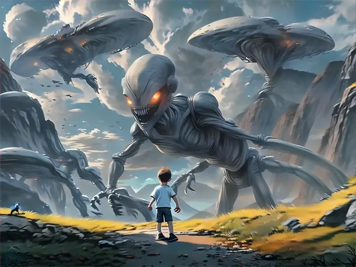 a boy standing in front of a giant alien