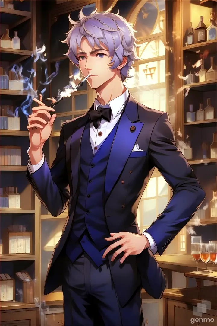 a man in a suit smoking a cigarette