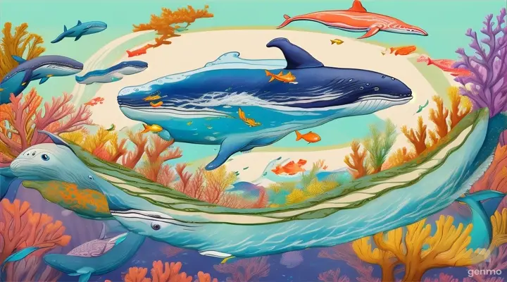  It was time for the annual migration, a journey of discovery and renewal. With Coral leading the way, her graceful form gliding effortlessly through the waters, the pod embarked on their odyssey .cartoon illustration