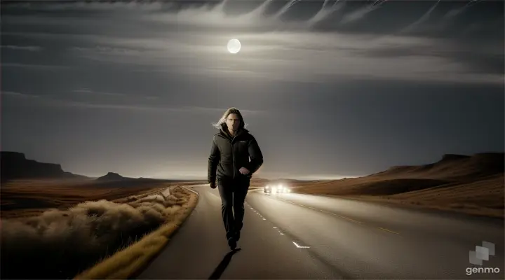 A fear-stricken figure, his wild eyes reflecting the moonlight, dashes madly across a desolate, moonlit highway flanked by towering tendrils of grass. The man's heart-thumping escape from the speeding car behind him is frozen in a vivid snapshot, every detail sharply defined: the wind ruffling his disheveled hair, the desperation etched into his tense muscles. This mesmerizing scene, a haunting photograph, captures the raw intensity and urgency of a life-and-death moment, immersing viewers in the heart-pounding drama of a chase on the edge of disaster.