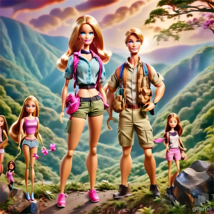 Barbie and family in a field of giant, colorful flowers with whimsical creatures in a magical forest.