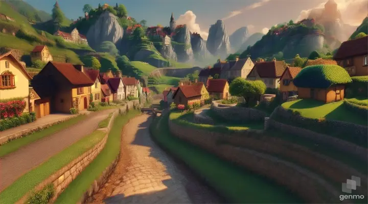 a quaint little village nestled in the hills in 3d animated style