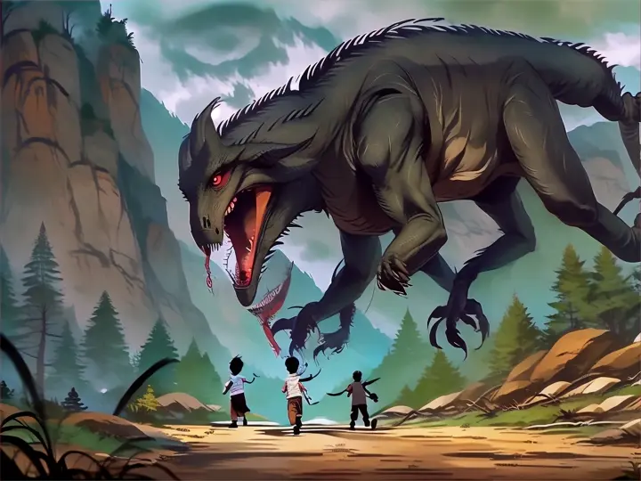 a boy is running towards a large creature