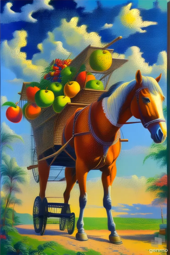 a painting of a horse pulling a cart full of fruit