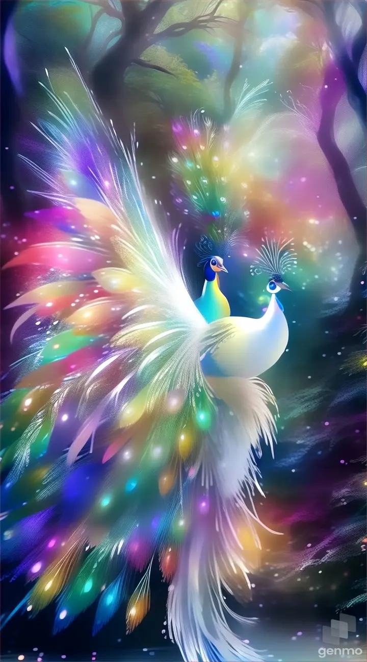 a painting of a sparkling peacock  standing in stream in a forest