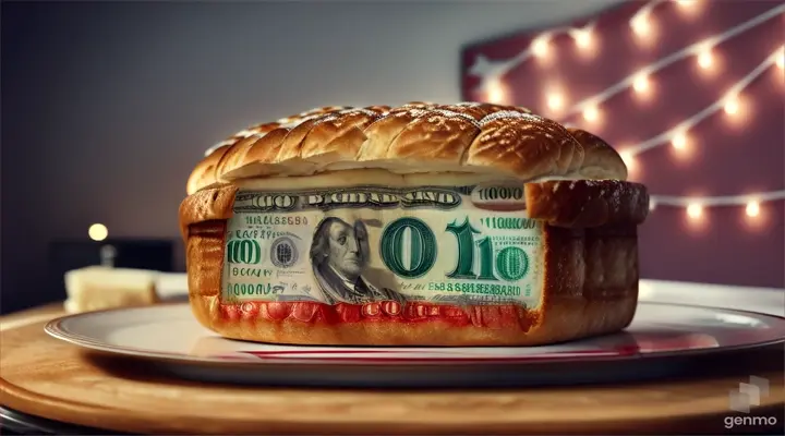 a loaf of bread that is completely made of red money, served on a platter. make sure the crust of the money bread red 100 dollar bills. make the outer edges of the money bread red 100 dollar bills. make the center of the loaf of money bread red 100 dollar bills as well. put a glowing red alarm on the wall above the loaf of red money bread