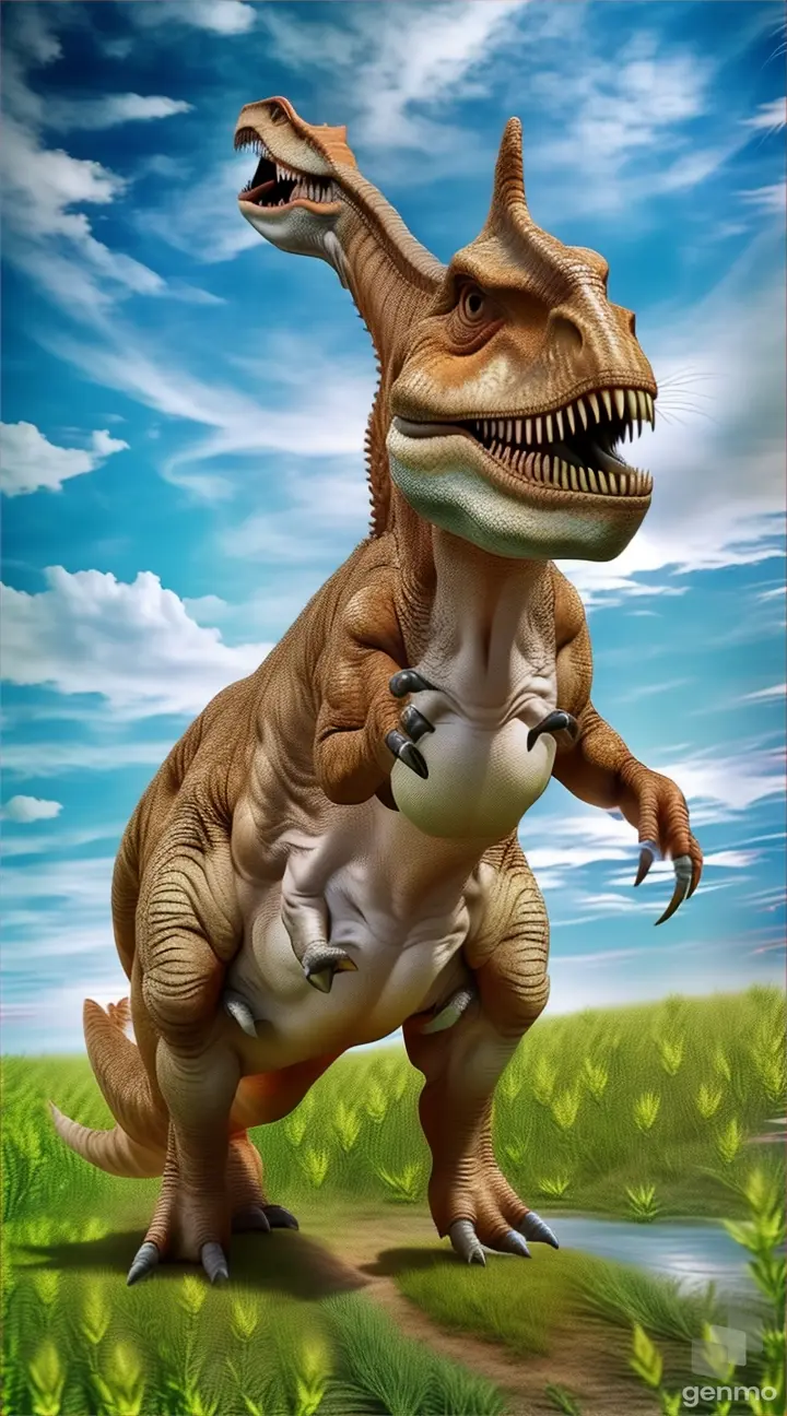 a dinosaur is standing in the grass with its mouth open