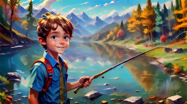 a painting of a boy holding a fishing rod